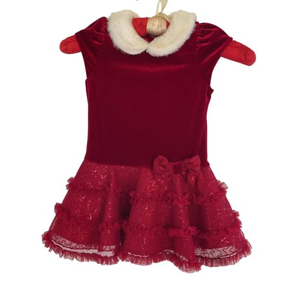 Jona Michelle Red Velvet Christmas Dress 24M/2T Fur Collar & Sequins - Picture 1 of 8